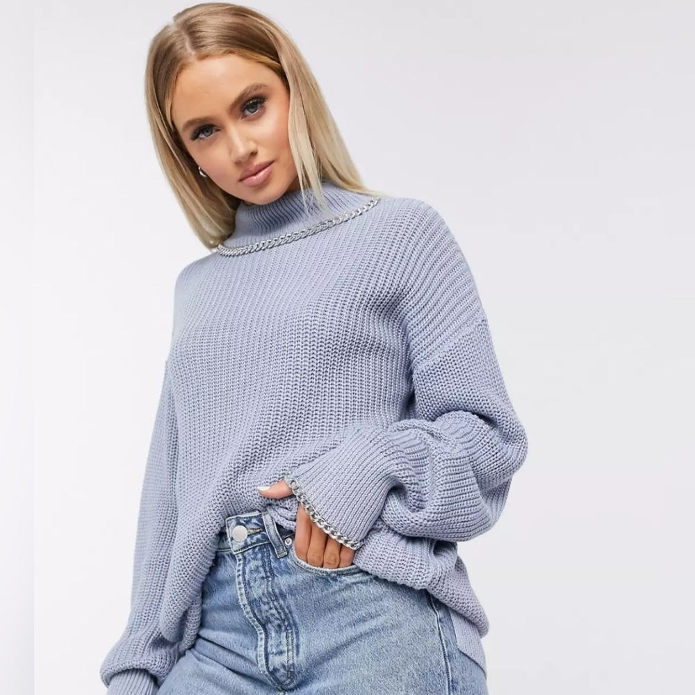 Missguided Powder Blue Mock Neck Knit Sweater with Chain Link Trim